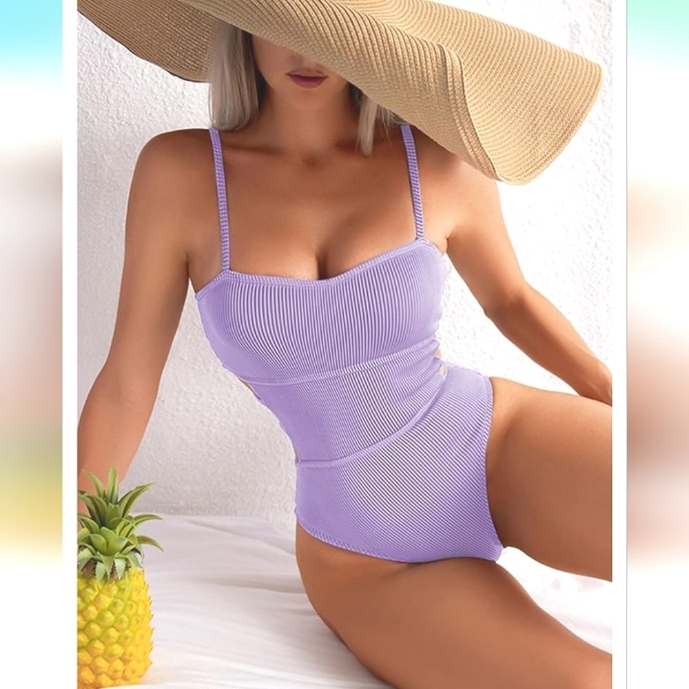 Hilinker‎ Light Purple Ribbed One Piece  Cutout Tummy Control Bathing Suit XL